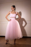 Baby pink tulle midi corset dress