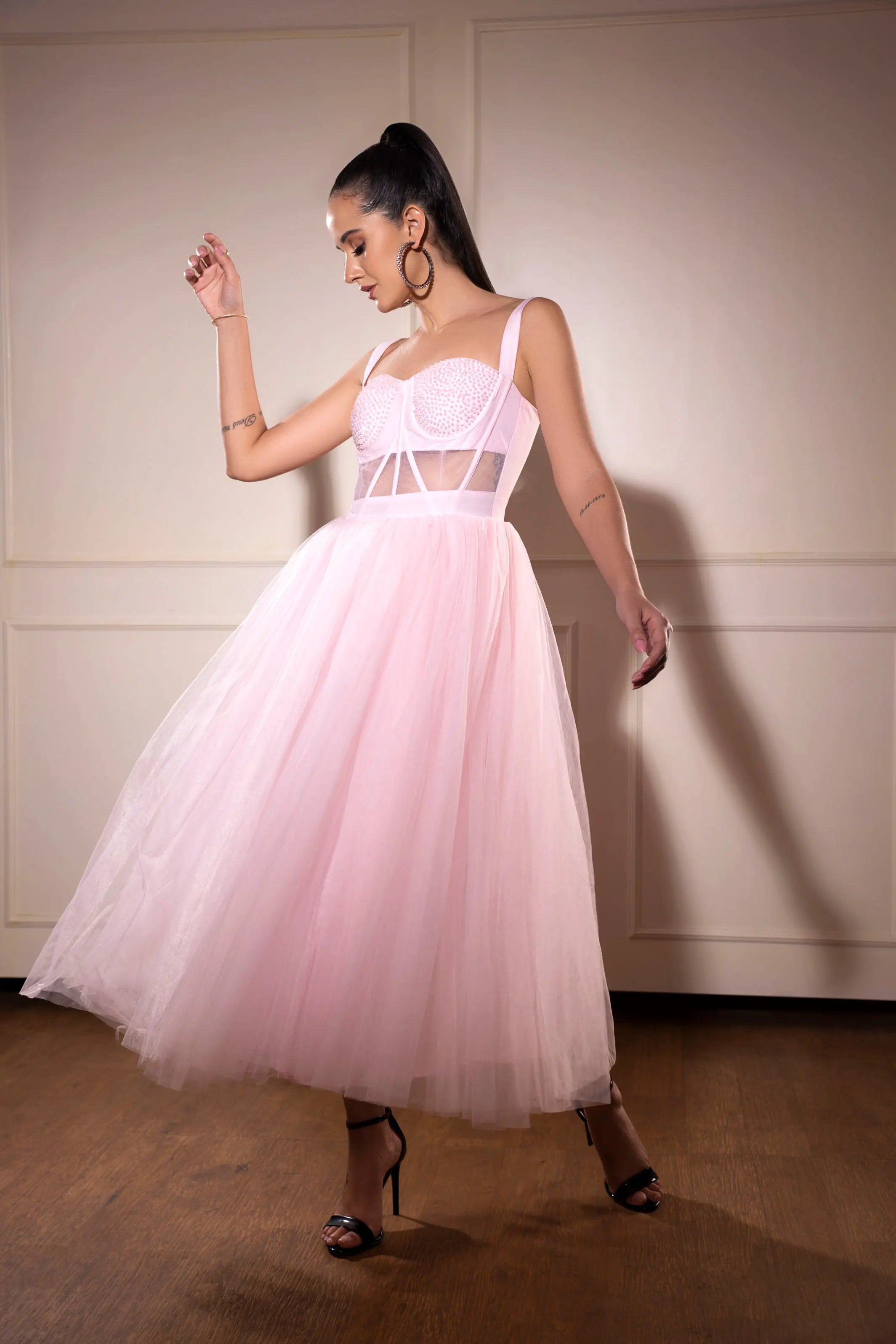 Baby pink tulle midi corset dress Glamfe
