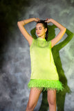 Neon green mini dress with feathers detailing Glamfe