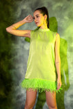 Neon green mini dress with feathers detailing Glamfe