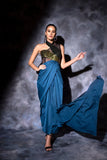 One shoulder drape in teal blue with a metallic molded drape dress Glamfe