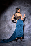 One shoulder drape in teal blue with a metallic molded drape dress Glamfe