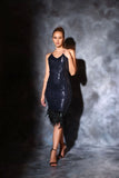 Sequin feather midi navy blue dress for party Glamfe