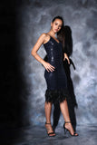 Sequin feather midi navy blue dress for party Glamfe