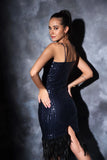 Sequin feather midi navy blue dress for party Glamfe
