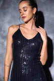Sequin feather midi navy blue dress for party Glamfe
