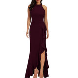Sophisticated Sleeveless Evening Dresses with Ruffles and Slit, Elegant Women's Attire