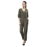 V&M Olive Green Rayon Solid Wrap V-Neck 34 Roll-Up Sleeves Straight Leg Jumpsuit for Women