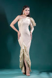 Chic Beige Long One shoulder frill dress, Smart Elegance for Any Occasion