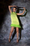 Neon green mini dress with feathers detailing Glamfe