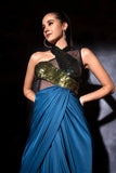 One shoulder drape in teal blue with a metallic molded drape dress Glamfe