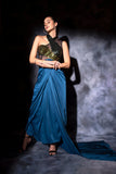 One shoulder drape in teal blue with a metallic molded drape dress Glamfe