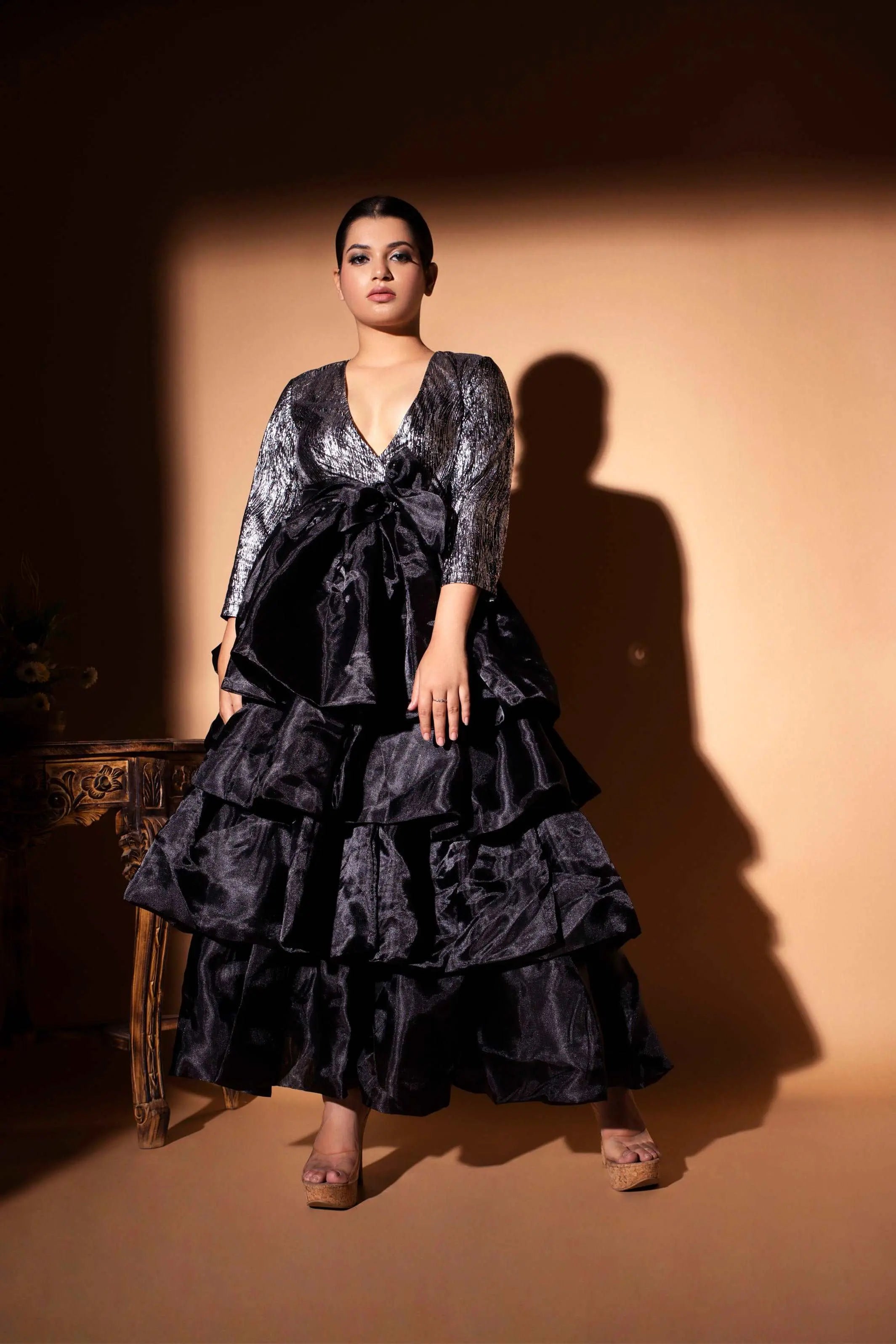 Beige Silk Organza Gown Design by Varun Nidhika at Pernia's Pop Up Shop 2024