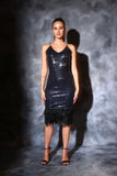 Sequin feather midi navy blue dress for party Glamfe