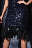 Sequin feather midi navy blue dress for party Glamfe